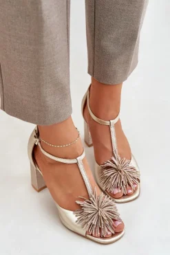 Damskie Laura Messi Sandały Skórzane Na Słupku Z Ozdobą 2758 Złote