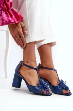 Damskie Laura Messi Sandały Skórzane Na Słupku Z Ozdobą 2758 Granatowe