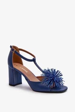 Damskie Laura Messi Sandały Skórzane Na Słupku Z Ozdobą 2758 Granatowe