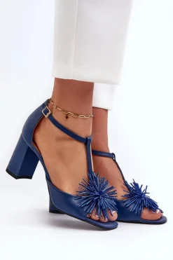 Damskie Laura Messi Sandały Skórzane Na Słupku Z Ozdobą 2758 Granatowe