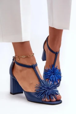Damskie Laura Messi Sandały Skórzane Na Słupku Z Ozdobą 2758 Granatowe