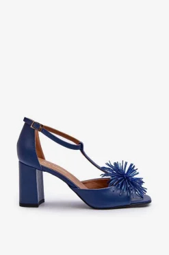 Damskie Laura Messi Sandały Skórzane Na Słupku Z Ozdobą 2758 Granatowe