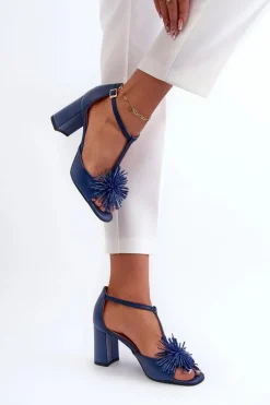 Damskie Laura Messi Sandały Skórzane Na Słupku Z Ozdobą 2758 Granatowe