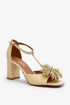 Damskie Laura Messi Sandały Skórzane Na Słupku Z Ozdobą 2758 Beżowe