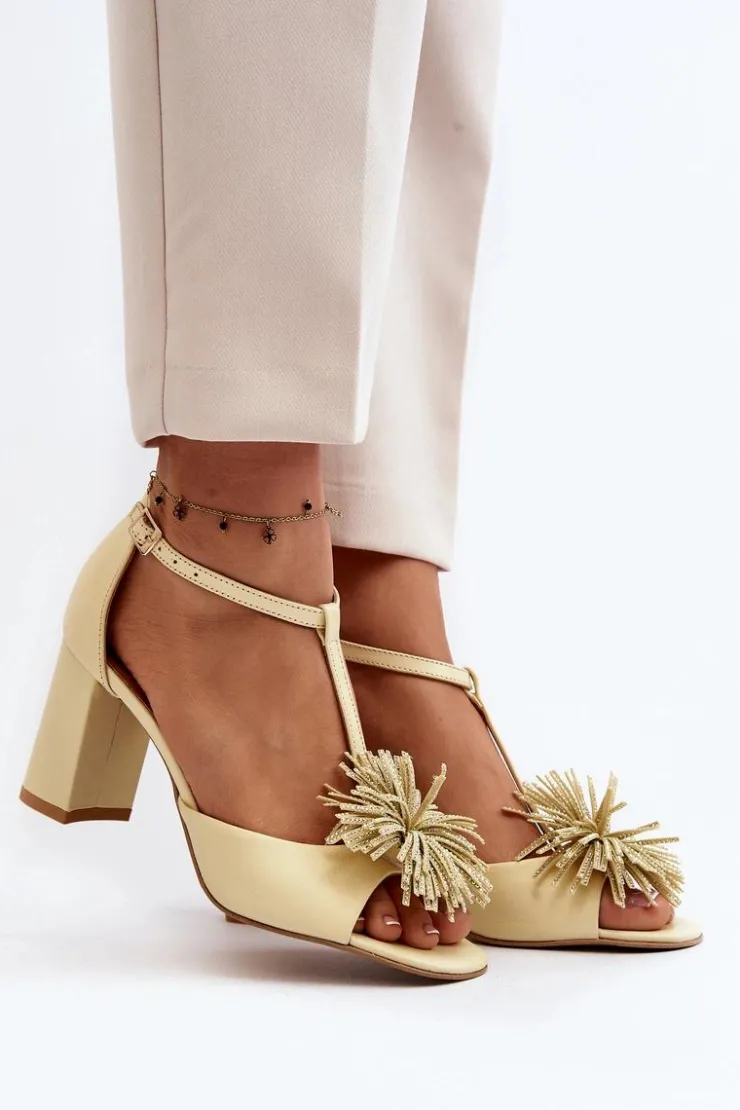 Damskie Laura Messi Sandały Skórzane Na Słupku Z Ozdobą 2758 Beżowe