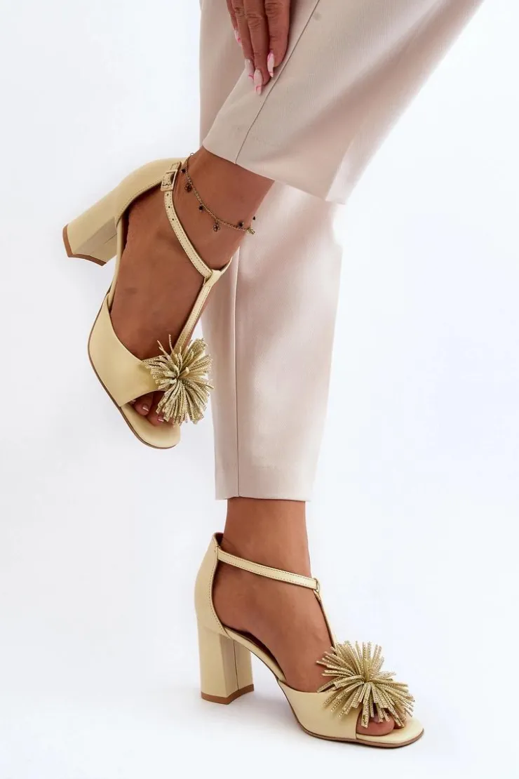 Damskie Laura Messi Sandały Skórzane Na Słupku Z Ozdobą 2758 Beżowe