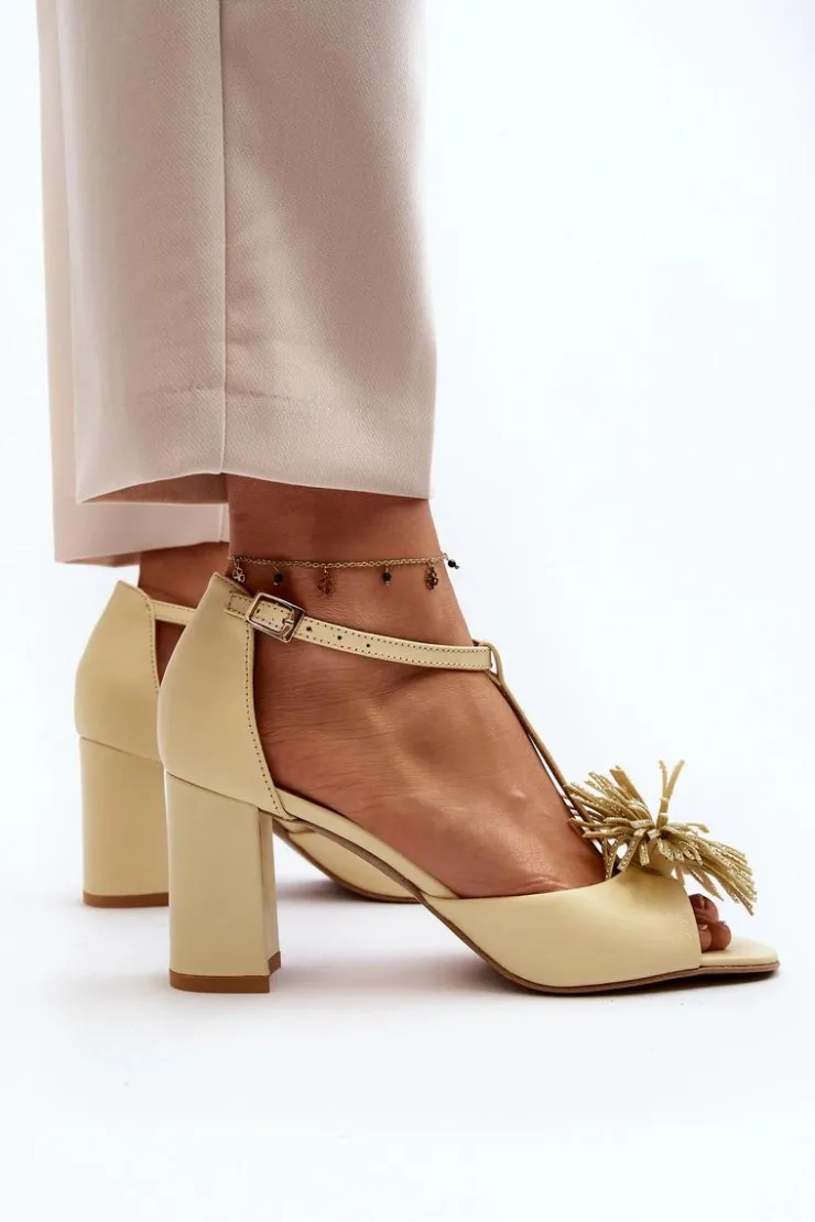 Damskie Laura Messi Sandały Skórzane Na Słupku Z Ozdobą 2758 Beżowe