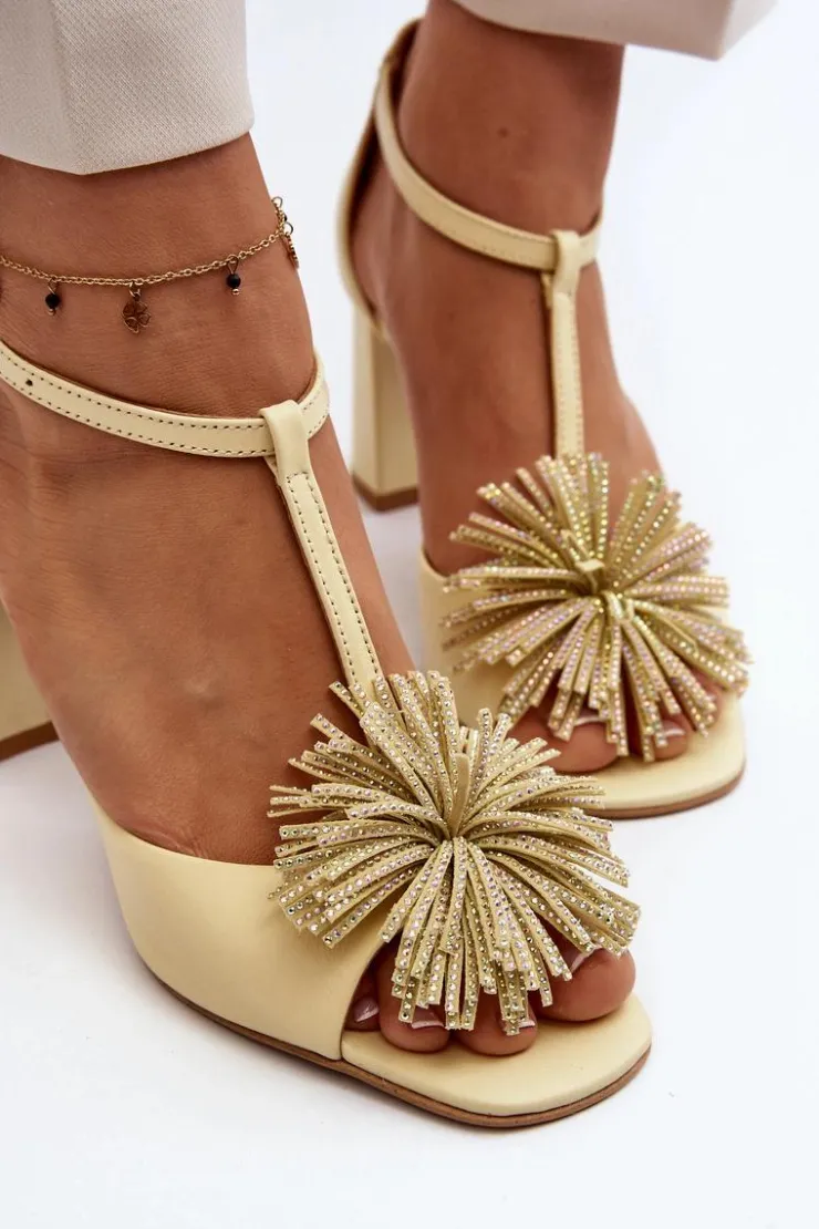 Damskie Laura Messi Sandały Skórzane Na Słupku Z Ozdobą 2758 Beżowe