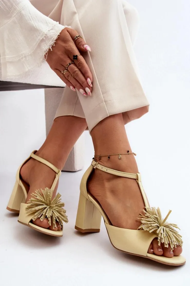 Damskie Laura Messi Sandały Skórzane Na Słupku Z Ozdobą 2758 Beżowe