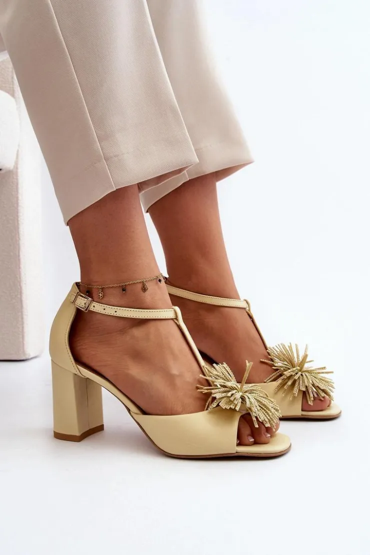 Damskie Laura Messi Sandały Skórzane Na Słupku Z Ozdobą 2758 Beżowe