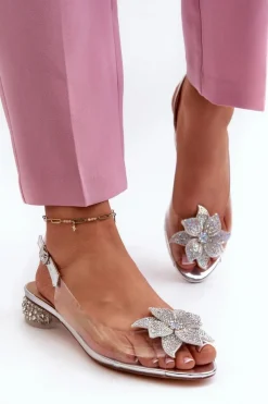 Damskie buty S.Barski Sandały Na Obcasie*Sandały Transparentne Na Niskim Obcasie Z Ozdobą Srebrne D&A MR38-383