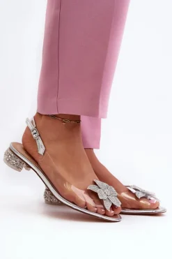 Damskie buty S.Barski Sandały Na Obcasie*Sandały Transparentne Na Niskim Obcasie Z Ozdobą Srebrne D&A MR38-383