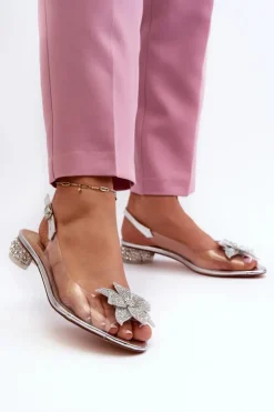 Damskie buty S.Barski Sandały Na Obcasie*Sandały Transparentne Na Niskim Obcasie Z Ozdobą Srebrne D&A MR38-383