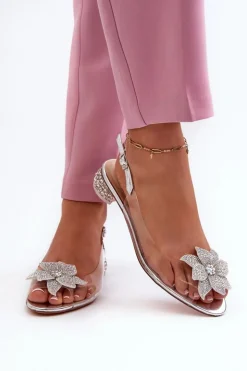 Damskie buty S.Barski Sandały Na Obcasie*Sandały Transparentne Na Niskim Obcasie Z Ozdobą Srebrne D&A MR38-383