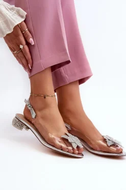 Damskie buty S.Barski Sandały Na Obcasie*Sandały Transparentne Na Niskim Obcasie Z Ozdobą Srebrne D&A MR38-383