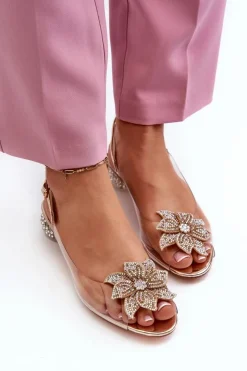 Damskie buty S.Barski Sandały Na Obcasie*Sandały Transparentne Na Niskim Obcasie Z Ozdobą Złote D&A MR38-383