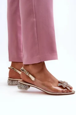 Damskie buty S.Barski Sandały Na Obcasie*Sandały Transparentne Na Niskim Obcasie Z Ozdobą Złote D&A MR38-383