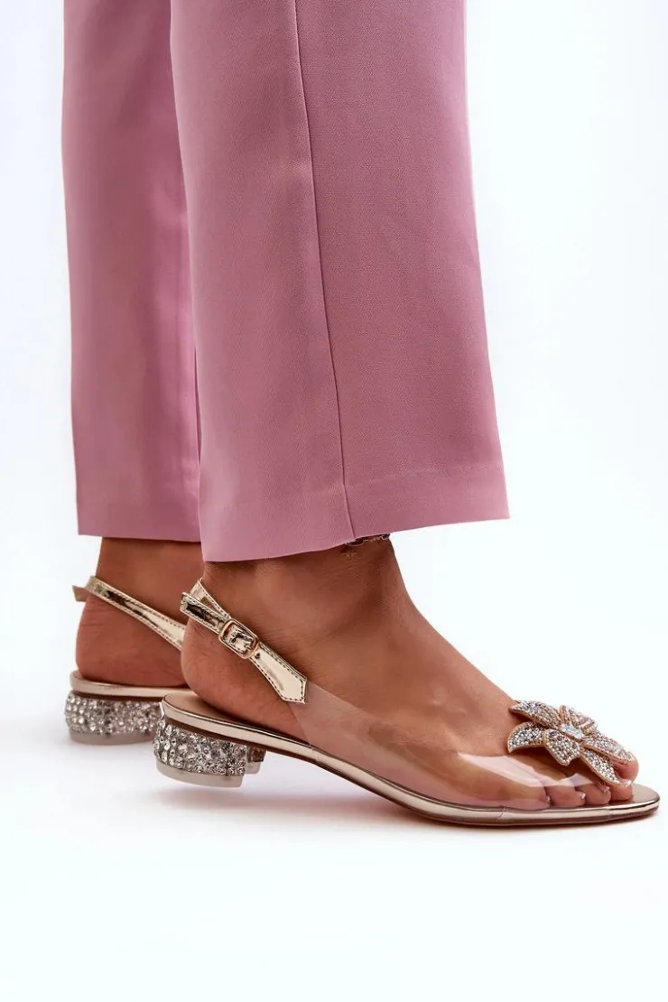 Damskie buty S.Barski Sandały Na Obcasie*Sandały Transparentne Na Niskim Obcasie Z Ozdobą Złote D&A MR38-383