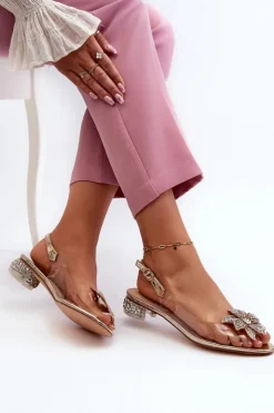 Damskie buty S.Barski Sandały Na Obcasie*Sandały Transparentne Na Niskim Obcasie Z Ozdobą Złote D&A MR38-383