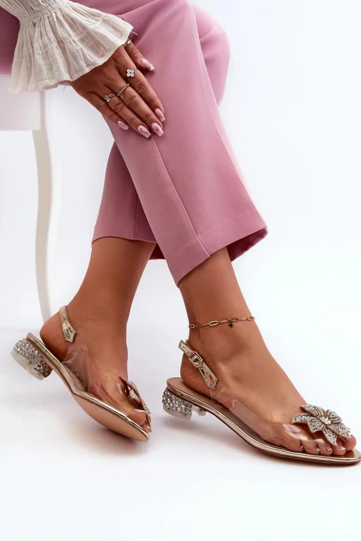 Damskie buty S.Barski Sandały Na Obcasie*Sandały Transparentne Na Niskim Obcasie Z Ozdobą Złote D&A MR38-383