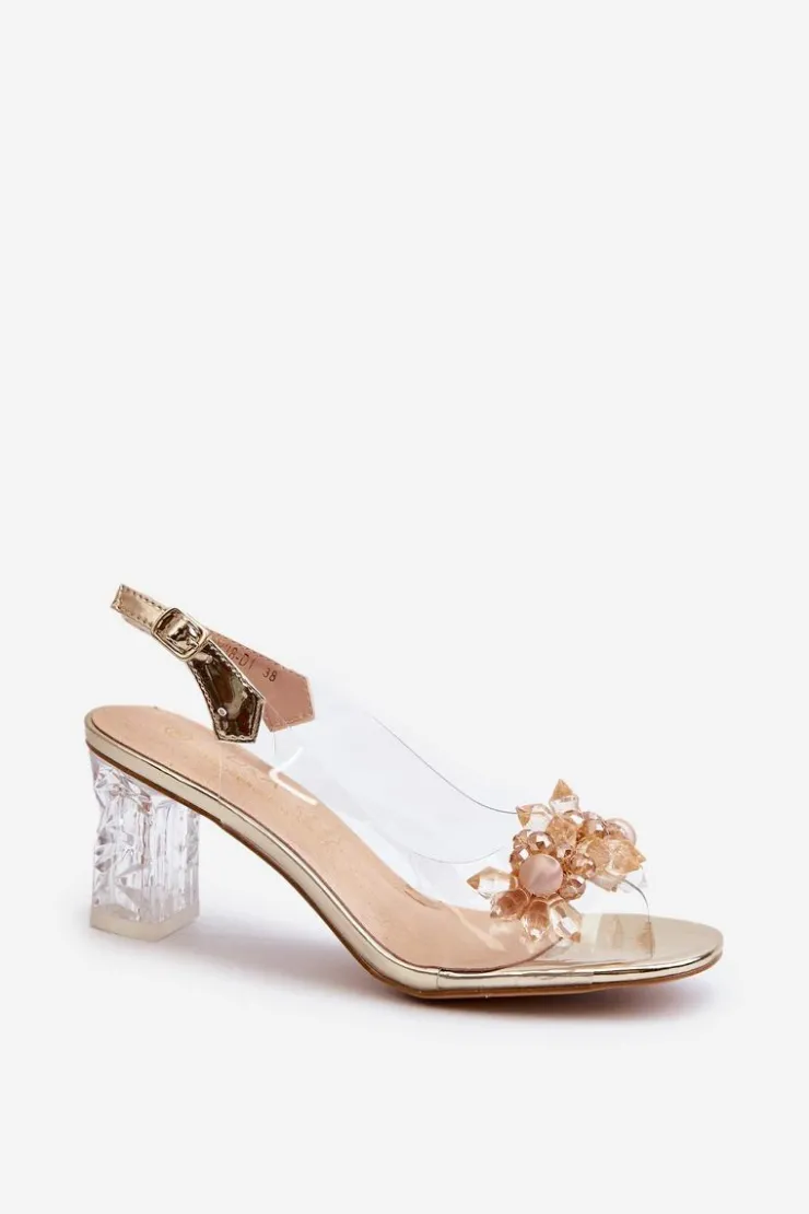 New Damskie buty S.Barski Sandały Transparentne Na Słupku Z Ozdobami Złote D&A MR38-D1