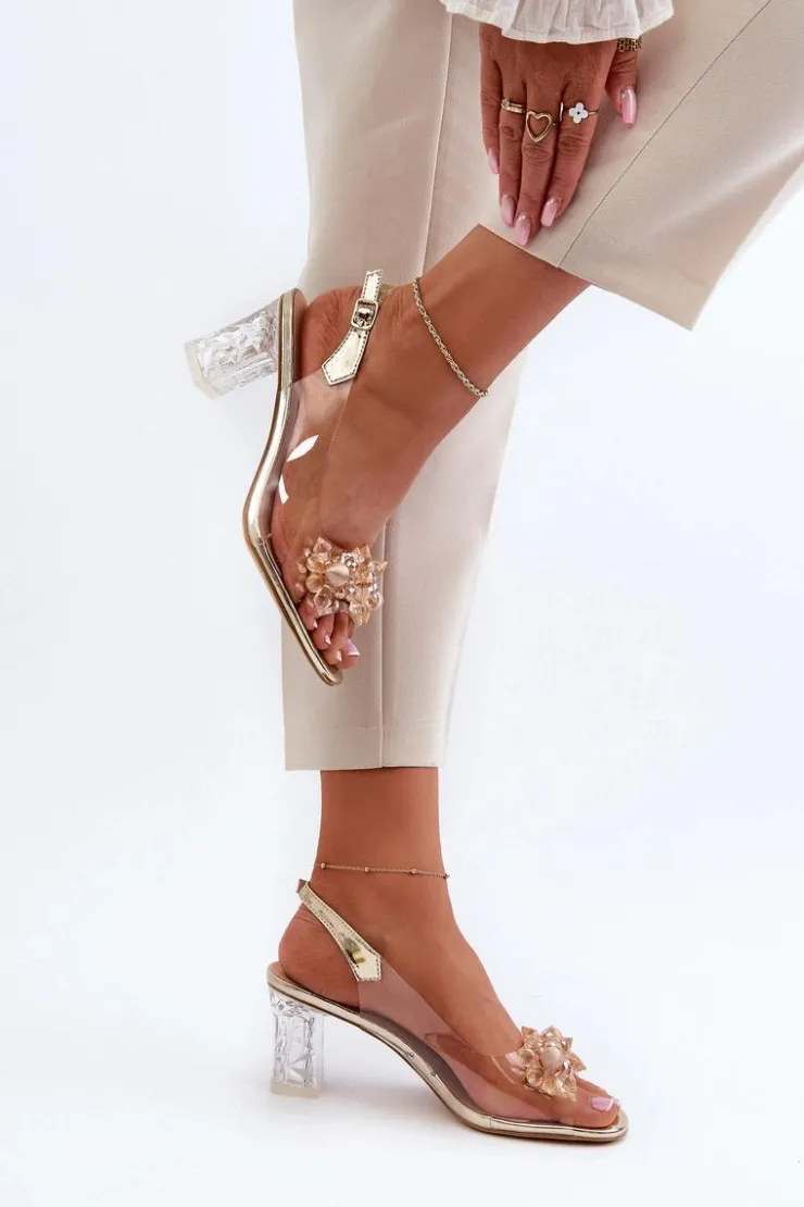 New Damskie buty S.Barski Sandały Transparentne Na Słupku Z Ozdobami Złote D&A MR38-D1