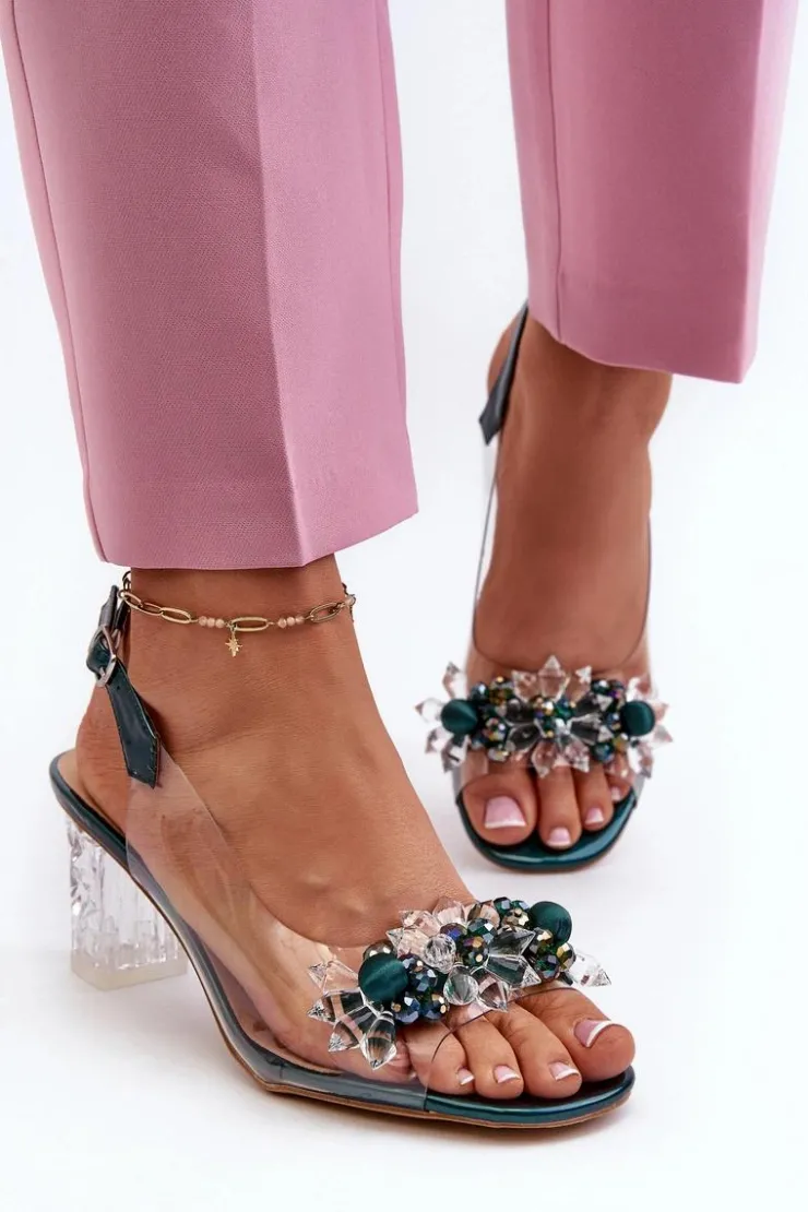 Damskie Damskie buty S.Barski Sandały Transparentne Na Słupku Z Ozdobami Zielone D&A MR38-D1