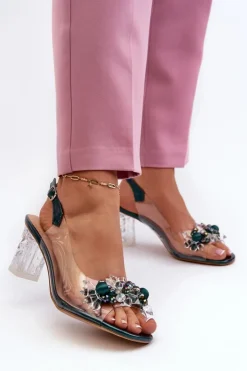 Damskie Damskie buty S.Barski Sandały Transparentne Na Słupku Z Ozdobami Zielone D&A MR38-D1