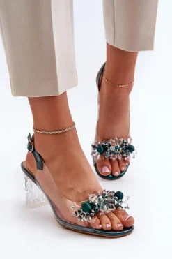 Damskie buty S.Barski Sandały Na Obcasie*Sandały Transparentne Na Słupku Z Ozdobami Zielone D&A MR38-D1