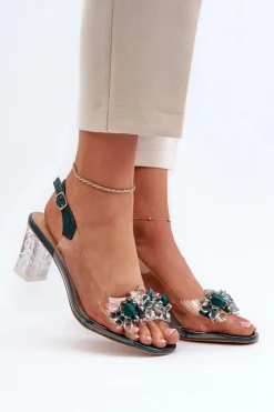 Damskie buty S.Barski Sandały Na Obcasie*Sandały Transparentne Na Słupku Z Ozdobami Zielone D&A MR38-D1