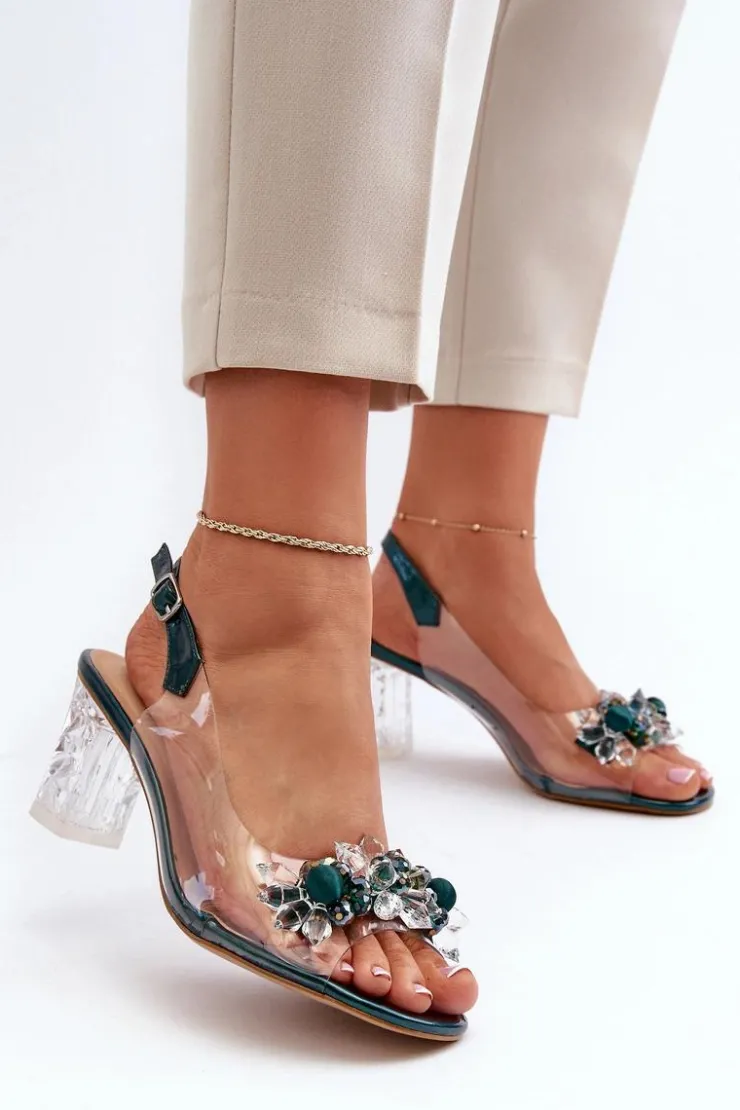 Damskie buty S.Barski Sandały Na Obcasie*Sandały Transparentne Na Słupku Z Ozdobami Zielone D&A MR38-D1