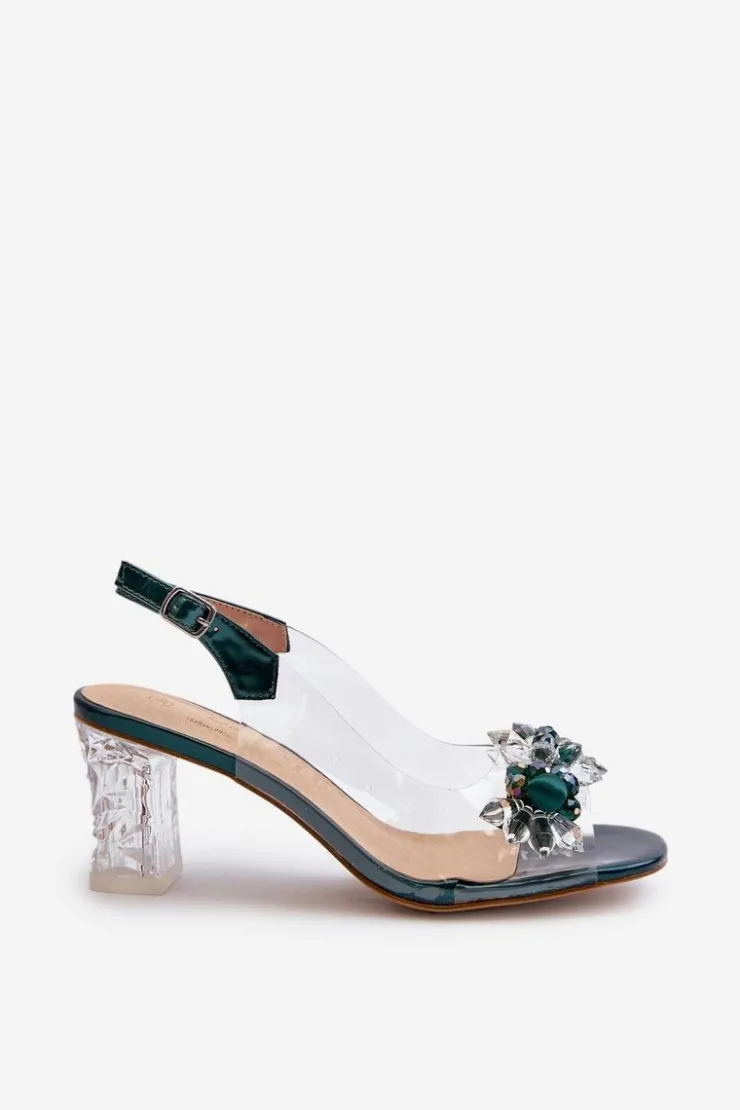Damskie buty S.Barski Sandały Na Obcasie*Sandały Transparentne Na Słupku Z Ozdobami Zielone D&A MR38-D1