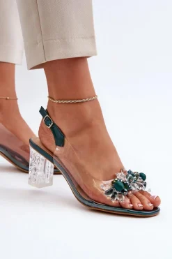 Damskie buty S.Barski Sandały Na Obcasie*Sandały Transparentne Na Słupku Z Ozdobami Zielone D&A MR38-D1