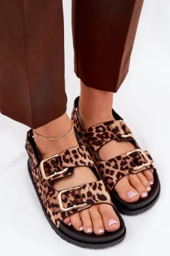Boto Sandały Płaskie*Sandały W Panterkę Damskie Z Klamrami Brązowe Seladith Brązowy