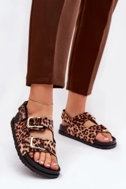 Boto Sandały Płaskie*Sandały W Panterkę Damskie Z Klamrami Brązowe Seladith Brązowy