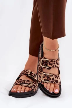 Boto Sandały Płaskie*Sandały W Panterkę Damskie Z Klamrami Brązowe Seladith Brązowy