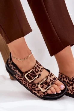 Boto Sandały Płaskie*Sandały W Panterkę Damskie Z Klamrami Brązowe Seladith Brązowy