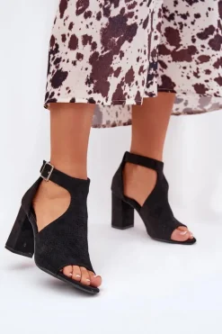 Damskie Boto Sandały Z Ażurowym Wzorem Na Słupku Eko Zamszowe Czarne Helori