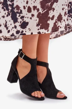 Damskie Boto Sandały Z Ażurowym Wzorem Na Słupku Eko Zamszowe Czarne Helori