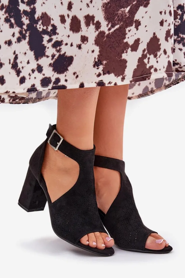 Damskie Boto Sandały Z Ażurowym Wzorem Na Słupku Eko Zamszowe Czarne Helori