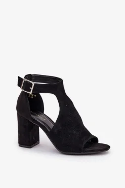 Damskie Boto Sandały Z Ażurowym Wzorem Na Słupku Eko Zamszowe Czarne Helori