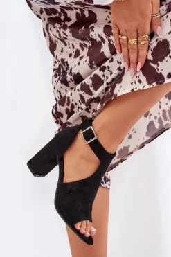 Damskie Boto Sandały Z Ażurowym Wzorem Na Słupku Eko Zamszowe Czarne Helori