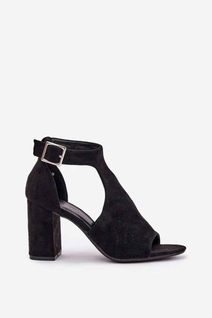 Damskie Boto Sandały Z Ażurowym Wzorem Na Słupku Eko Zamszowe Czarne Helori