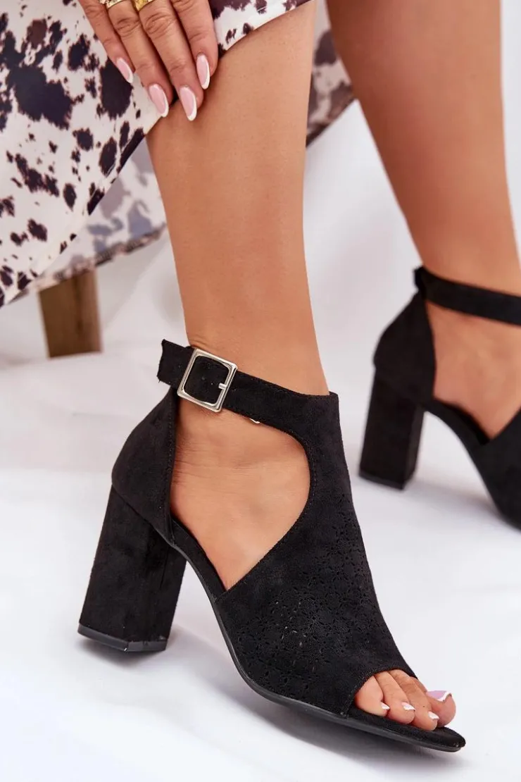 Damskie Boto Sandały Z Ażurowym Wzorem Na Słupku Eko Zamszowe Czarne Helori