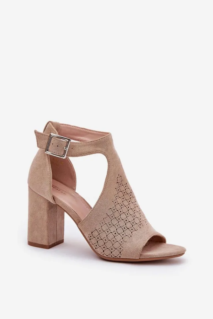 Damskie Boto Sandały Z Ażurowym Wzorem Na Słupku Eko Zamszowe Beżowe Helori
