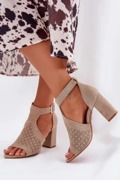 Damskie Boto Sandały Z Ażurowym Wzorem Na Słupku Eko Zamszowe Beżowe Helori