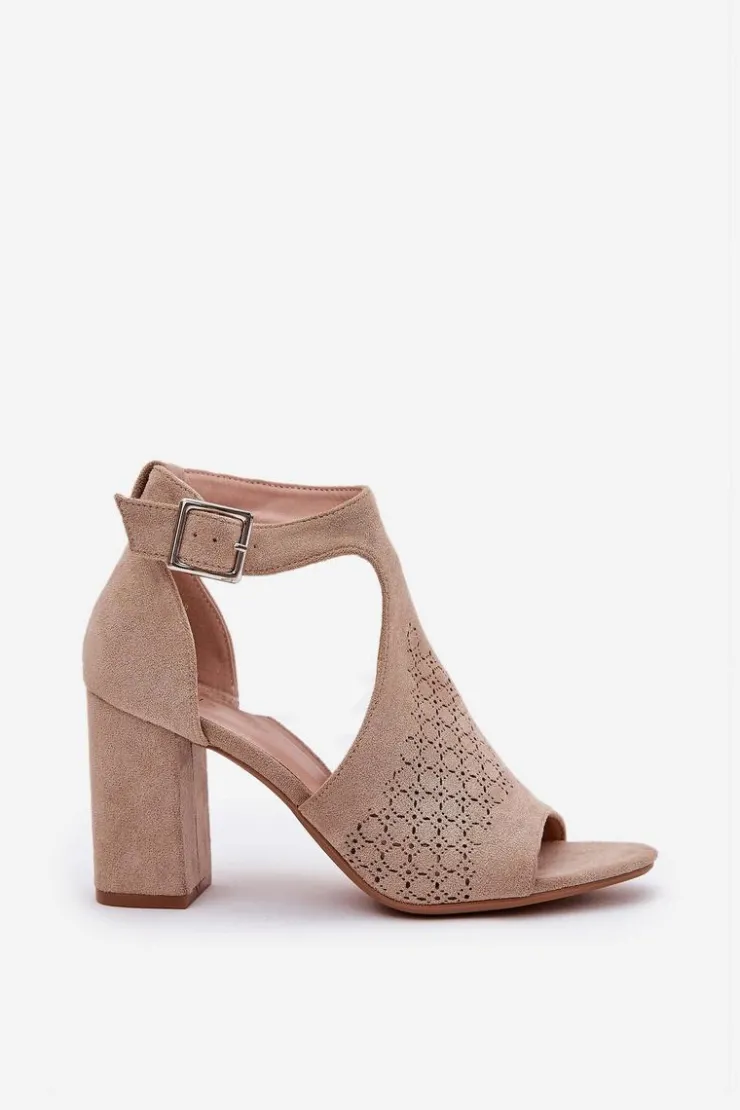 Damskie Boto Sandały Z Ażurowym Wzorem Na Słupku Eko Zamszowe Beżowe Helori