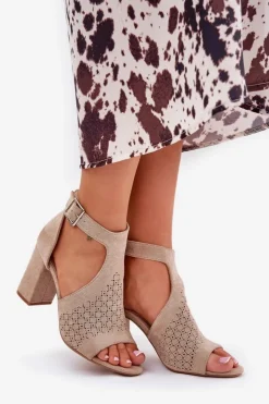 Damskie Boto Sandały Z Ażurowym Wzorem Na Słupku Eko Zamszowe Beżowe Helori