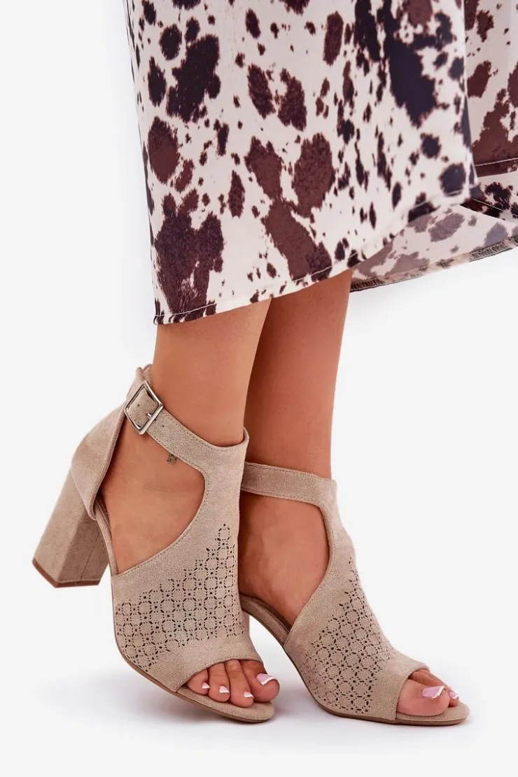 Damskie Boto Sandały Z Ażurowym Wzorem Na Słupku Eko Zamszowe Beżowe Helori