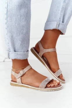 Damskie buty S.Barski Sandały Płaskie*Sandały Z Cyrkoniami S.Barski 701-18 Beżowe